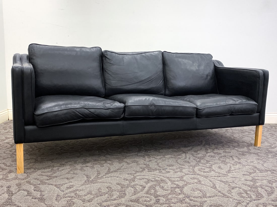 ATTR. STOUBY DANISH LEATHER SOFA C. 1960S: Apparently unmarked. Denmark, circa 1960s. Dimension: H 30.5" x W 78.75" x D 33" x Sh 17" Condition: Wear consistent with age and use. Soiling to cushions. Scuffs, some creasing.