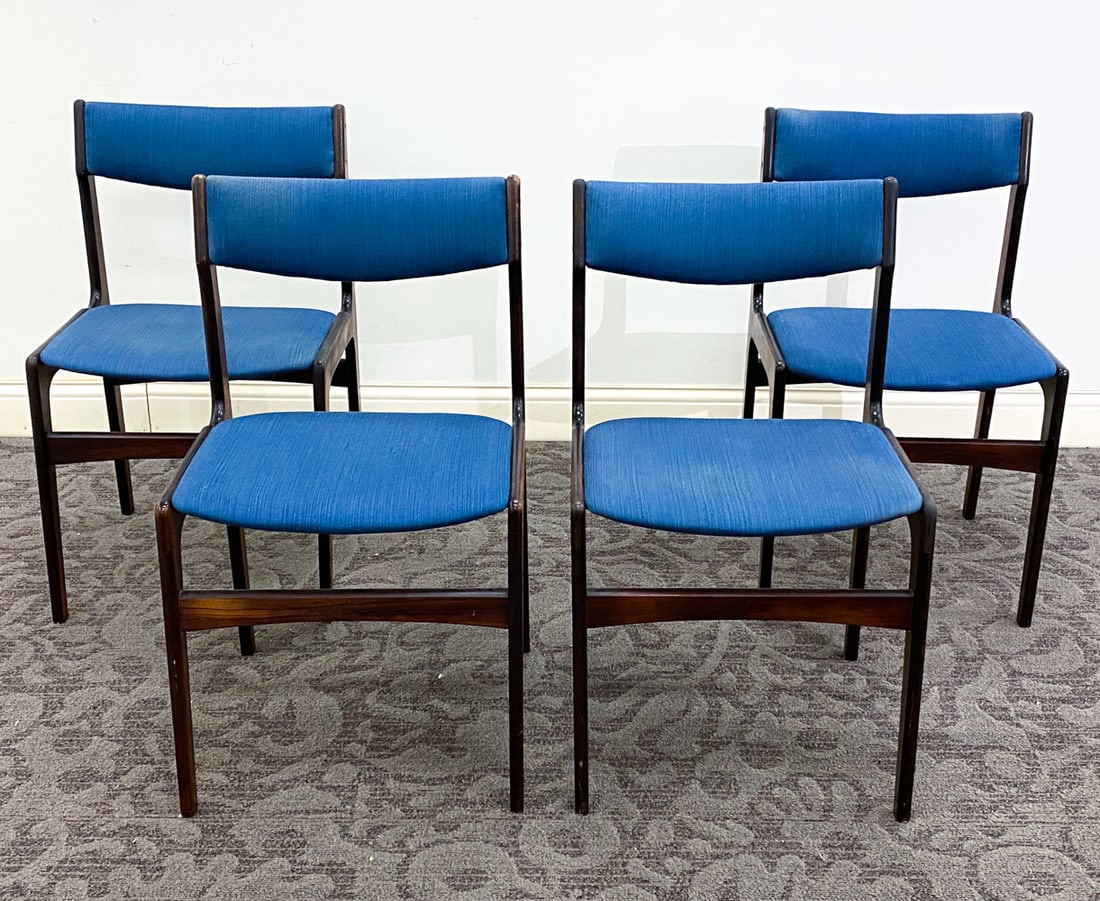 (4) ERIK BUCH DANISH ROSEWOOD DINING CHAIRS 1960S: Apparently unmarked. Denmark, circa 1960's. Dimension: H 30.75" x W 18.75" x D 20" x Sh 18" Condition: Dings and rubs to legs and backrest, Loss to finish, Wear consistent with age and use.