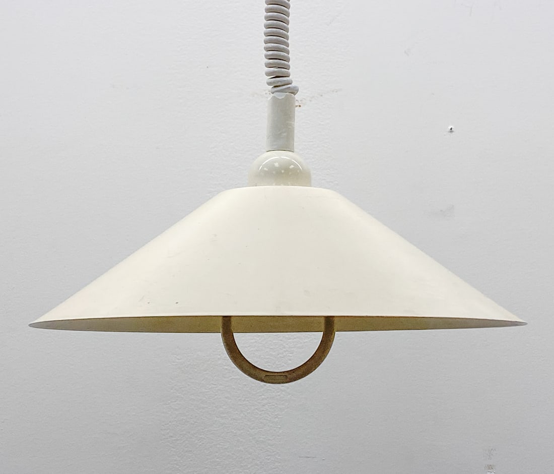 NORDLUX MODEL 3914 DANISH PENDANT LIGHT: Marked near socket. Denmark, circa 1970s. Dimensions: H 28" x Dia 16" Condition: Wear consistent with age and use. Untested. The plastic canopy is broken.