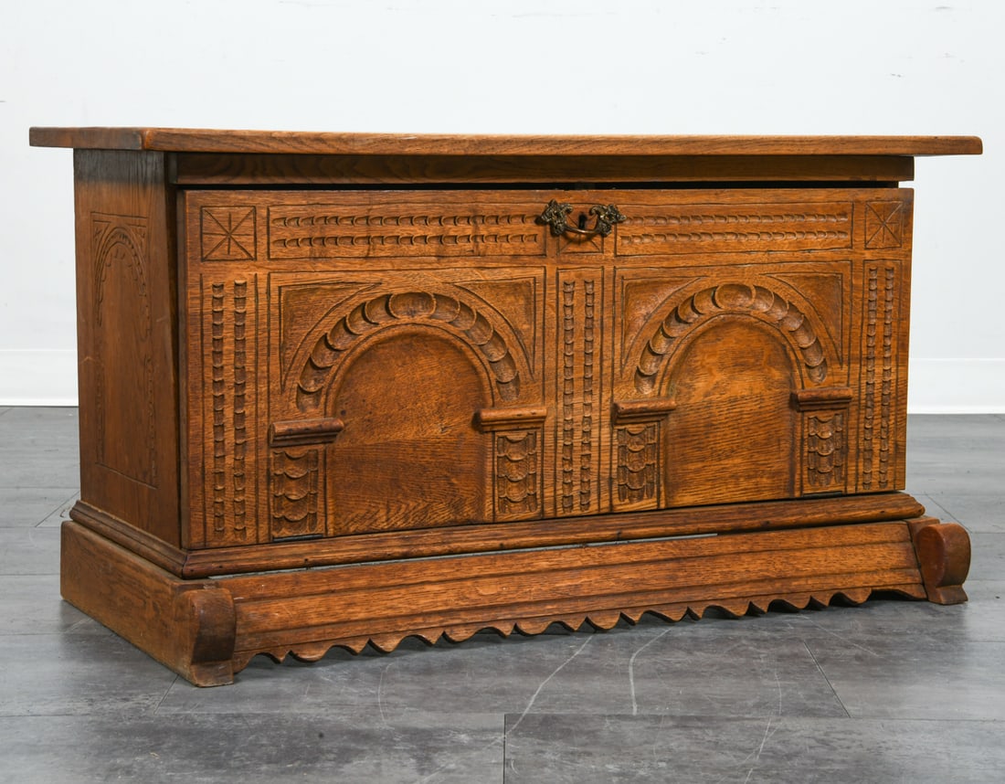 ANTIQUE SCANDINAVIAN CARVED OAK CABINET: Includes key. Dimensions: H 20.25" x W 37.5" x D 16" Condition: Repair to door. Sun fading. Back panel with separation. Surface marks, wear consistent with age and use. Lock/key works but does not loc
