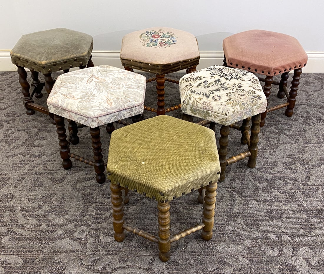 (6) SCANDINAVIAN OAK STOOLS C. 1920S: Grouping of 6 stools with oak bobbin turned legs and a variety of upholstered seats. Circa 1920s. Dimension: H 13.75" x W 16" x D 14" Condition: Dings and rubs to legs, minor balding to fabric of one 