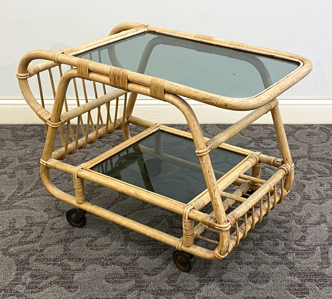 DANISH GLASS & BAMBOO SERVING BAR CART C. 1950S (1 of 10)
