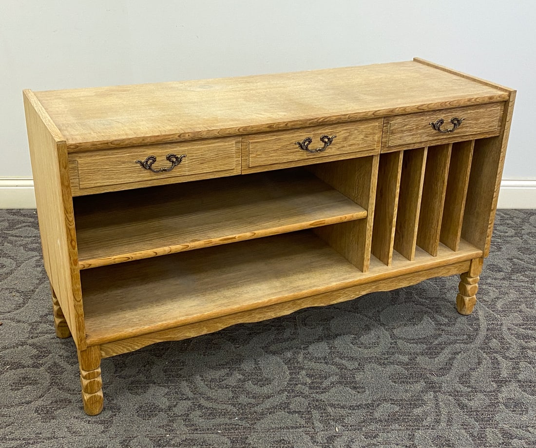 STYLE OF KJAERNULF DANISH OAK MEDIA CABINET 1970S: Denmark, circa 1970s. Dimensions: H 27.5" x W 47.25" x D 17.5" Condition: Faint water marks to top, Wear consistent with age and use.