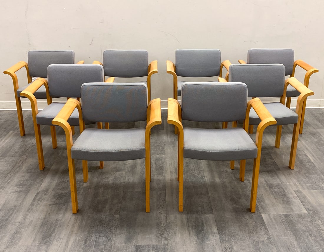 (8) THYGESEN & SORENSEN MAGNUS OLESEN M. 61 CHAIRS: Model 61 armchairs. Designed by Rud Thygesen & Johnny Sorensen for Magnus Olesen. Beech frame. Marked underneath. Denmark, circa 1960s. Dimensions: H 29.5" x W 25.5" x D 19" x SH 18" Condition: Wear c