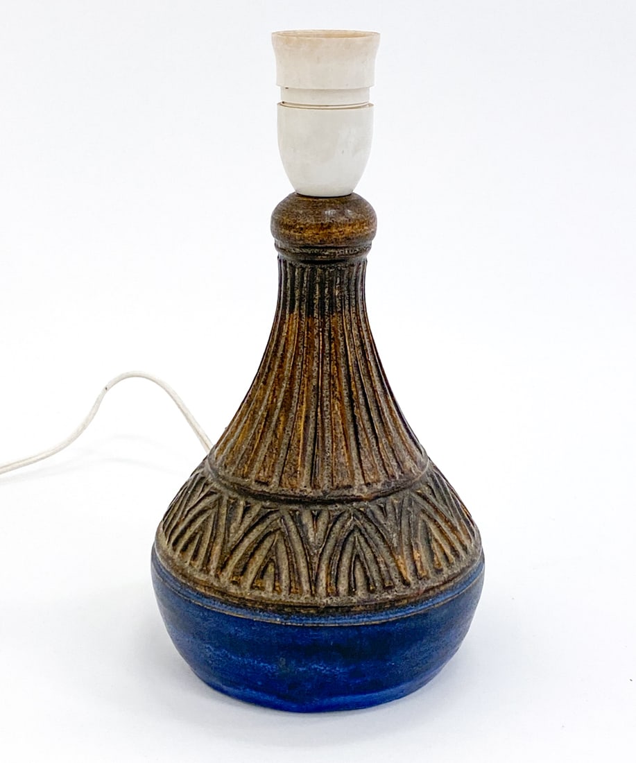 DANISH STONEWARE POTTERY TABLE LAMP C. 1960S: Illegibly engraved underneath. Dimension: H 10" x Dia. 5" Condition: Wear consistent with age and use. Untested.
