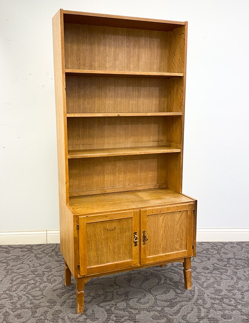 KJAERNULF STYLE DANISH OAK BOOKCASE CABINET 1960S: Denmark, circa 1960s. Dimensions: H 70.75" x W 33" x D 17" Condition: Minor puncture to left side, Wear consistent with age and use including dings and rubs.