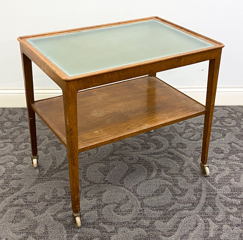 SCANDINAVIAN OAK & GLASS BAR CART: Unmarked. Dimensions: H 26" x W 28.75" x D 20.25" Condition: Wear consistent with age and use including minor dings and rubs.