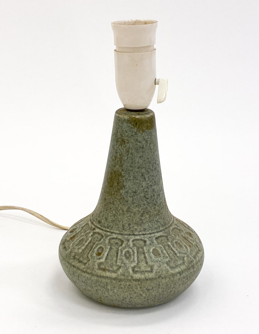 SOHOLM STYLE DANISH CERAMIC TABLE LAMP: Unmarked. Dimensions: H 10.25" x Dia. 5.5" Condition: Not Tested, European Plug, Wear consistent with age and use. Spots of soiling.