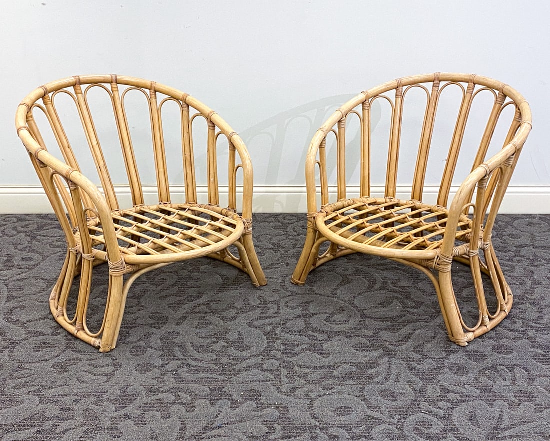 PAIR OF DANISH BAMBOO LOUNGE CHAIRS C. 1950S: Denmark, circa 1950s. Dimensions: H 28" x W 27" x D 28" x Sh 11.5" Condition: Wear consistent with age and use.