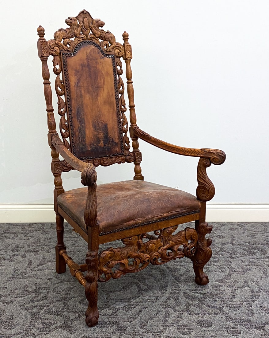 RENAISSANCE REVIVAL STYLE CARVED OAK ARMCHAIR (1 of 12)