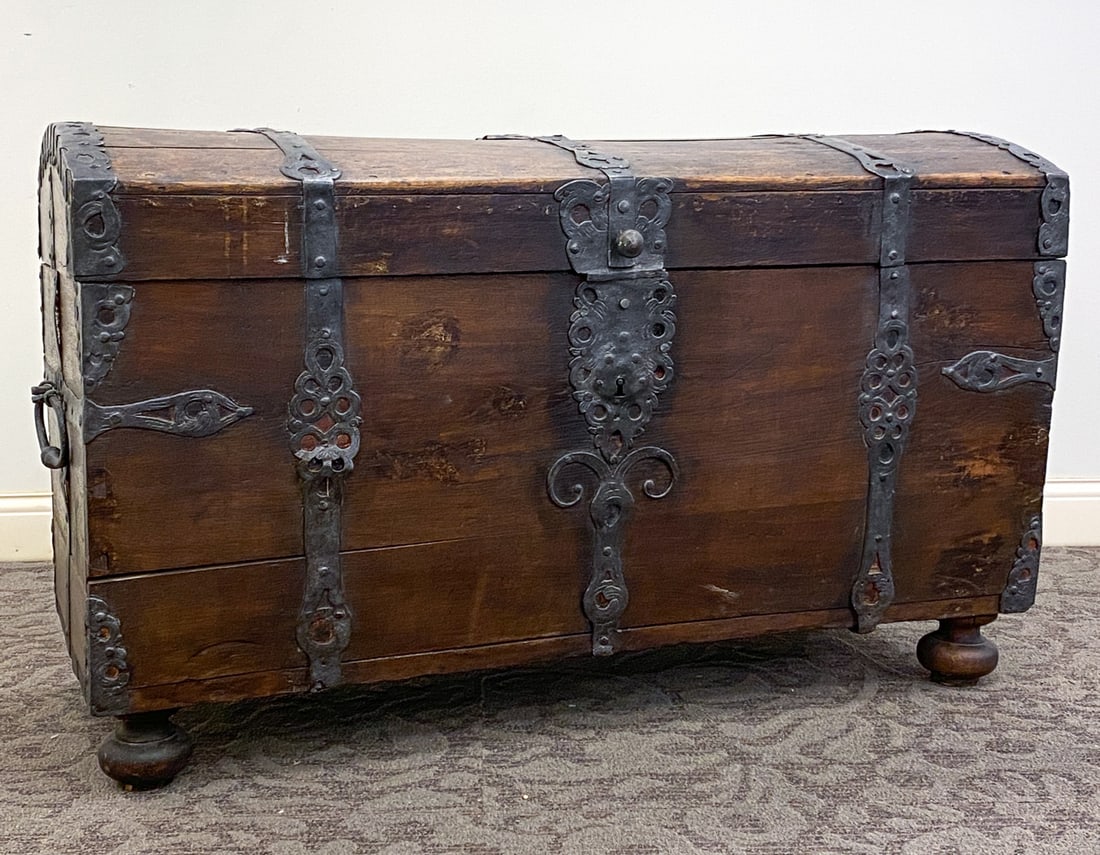 ANTIQUE SCANDINAVIAN OAK CHEST: Dimensions: H 32" x W 51.25" x D 25.25" Condition: Stress crack to top and sides, Losses to metal trim to top and sides, Dings and rubs to surface, a few bents to metal trim, Wear consistent with age 