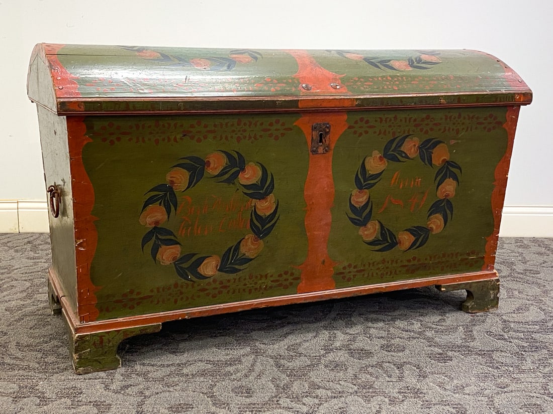 ANTIQUE SCANDINAVIAN PAINTED TRUNK C. 1841: Dimensions: H 29.5" x W 50" x D 24.75" Condition: Stress cracks to top, loss to metal trim, Losses to finish on surface, Evidence of previous worming, not active. Wear consistent with age and use. Key