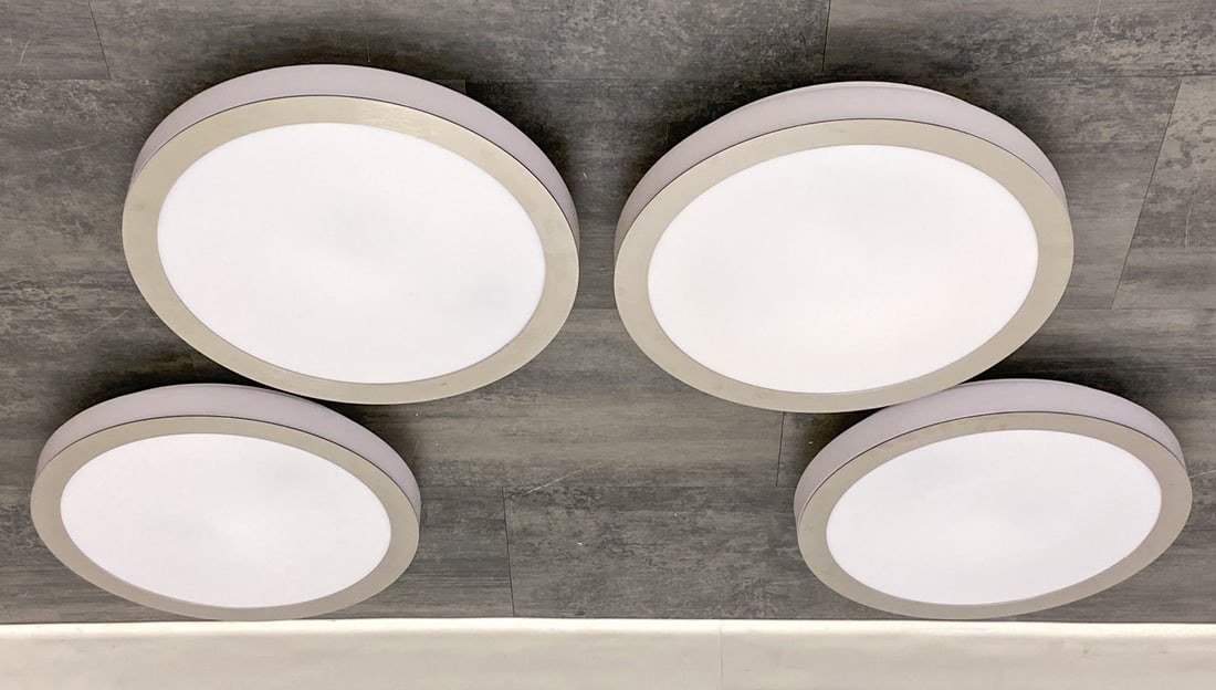 LOUIS POULSEN MODEL 32281 DANISH CEILING LIGHTS: (4) Lights. Marked to fixture under the glass. Denmark. Dimensions: H 3.5" x Dia 16" Condition: Wear consistent with age and use. Untested