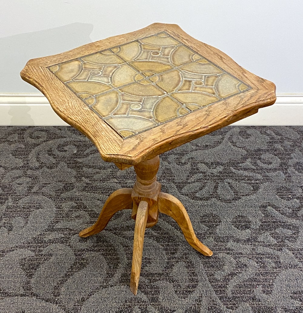 DANISH OAK & TILE SIDE TABLE C. 1970S: Dimensions: H 22.25" x W 17.5" x D 17.5" Condition: Wear consistent with age and use including rubs and scuffs to table top and legs. Losses to grout between tiles.