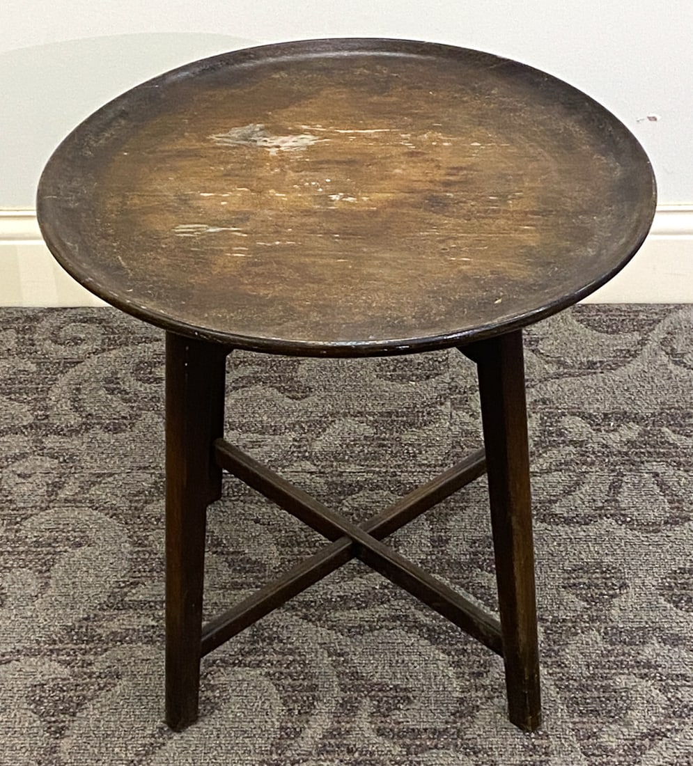MID-CENTURY SCANDINAVIAN BEECH SIDE TABLE: Dimensions: H 19.25" x Dia. 20.25" Condition: Wear consistent with age and use including rubs and scuffs to table top and legs.