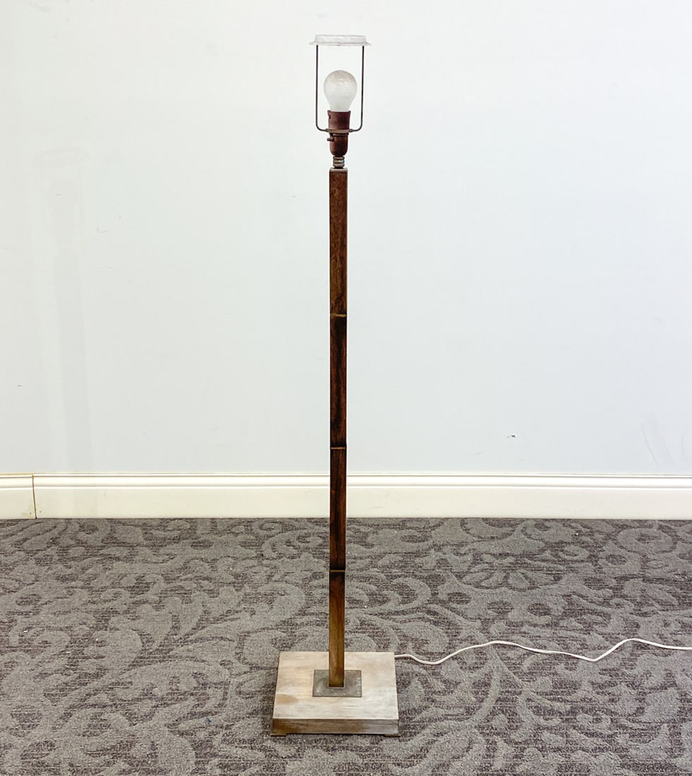 MID-CENTURY DANISH TEAK & BRASS FLOOR LAMP: Dimension: H 52" x W 10.25" x D 10.25" Condition: Not tested, European plug, Wear consistent with age and use, including heavy sun fading, patina, and surface marks.