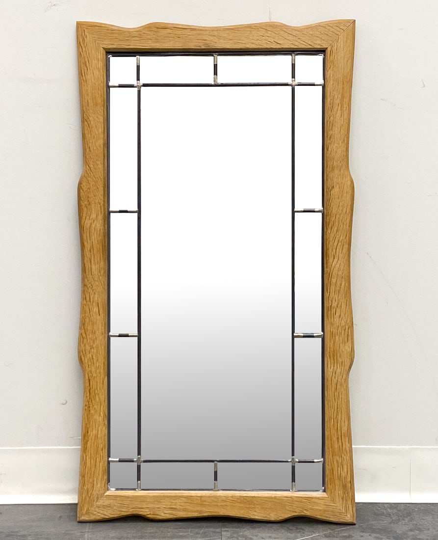 HENNING KJAERNULF DANISH OAK WALL MIRROR C. 1970S: Apparently unmarked. Denmark, circa 1970s. Dimensions: H 35" x W 19.5" Condition: Wear consistent with age and use. Fading, scuffs to frame.
