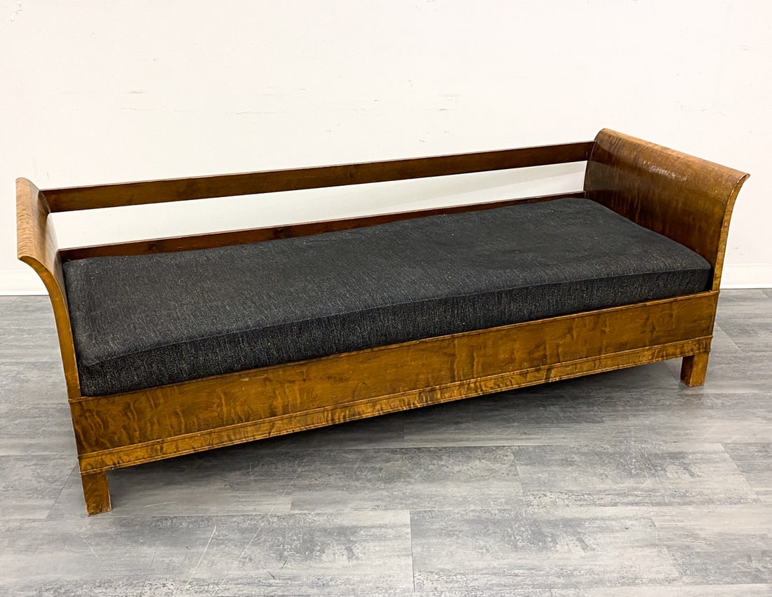 BIEDERMEIER STYLE SWEDISH BURL WALNUT SOFA DAYBED: Apparently unmarked. Dimensions: H 28" x W 78" x D 30.5" x SH 17" Condition: Wear consistent with age and use. Scuffs, rubs, nicks, minor dings. Finish loss. missing back cushion