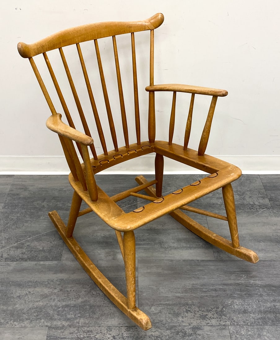 ATTR. BORGE MOGENSEN BEECH ROCKING CHAIR, AS-IS: Beech framed rocking chairs attributed to Borge Mogensen for Farstrup mobler. Denmark, circa 1970s. Dimensions: H 32.75" x W 23.5" x D 28" x SH 16.25" Condition: Lacking cushion and straps for seat.