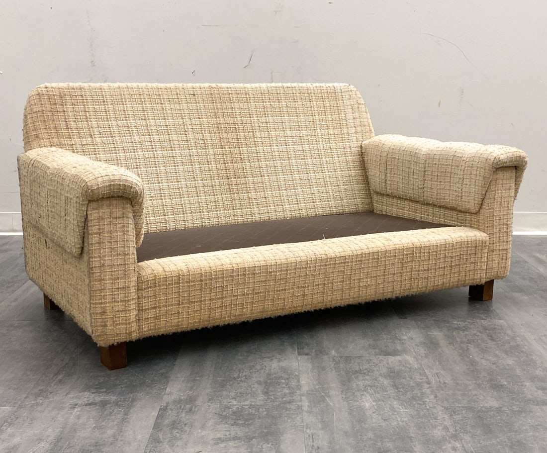 VINTAGE SCANDINAVIAN TWEED SOFA FOR REUPHOLSTERY: Dimensions: H 26" x W 53" x D 33.5" x SH 9" Condition: Wear consistent with age and use. Missing seat cushions. Discoloration, scuffs, soiling. Poke to underlining.