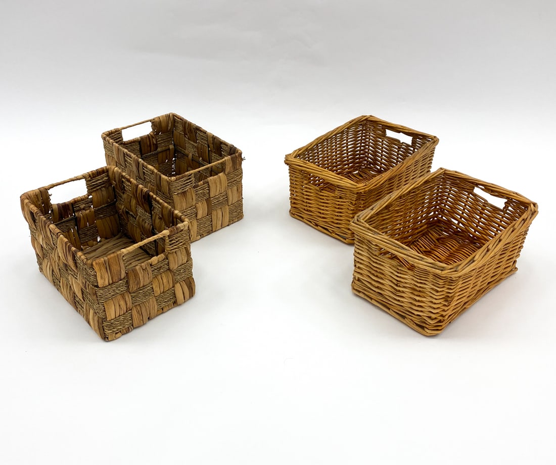 SCANDINAVIAN COUNTRY STYLE WOVEN BASKET GROUPING: (4) Baskets. Dimensions: H 6" x W 12" x D 9.5" Condition: Wear consistent with age and use. Some discoloration, minor soiling.