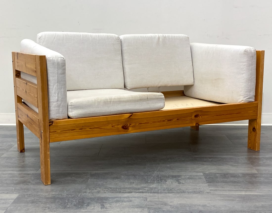 WILHELMSSON STYLE SWEDISH PINE SOFA: In need of a cushion, candidate for reupholstery. Dimensions: H 25.5" x W 55.5" x D 30" x SH 14" Condition: Wear consistent with age and use. Scuffs, rubs, dings to frame. Soiling to cushions. Missing