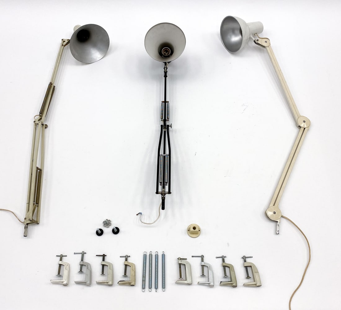 LUXO DANISH DESK LAMP GROUPING C. 1970S: (3) Lamps. Marked to mechanism. Dimensions: H 37" x W 13" x D 9" Condition: Wear consistent with age and use. some assembly required, Untested. Discoloration to sockets. Scuffs, rubs. tape residue to