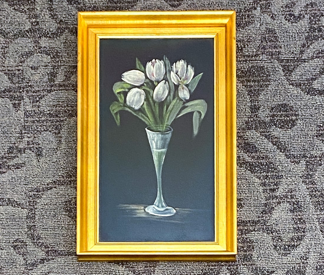 DANISH STILL LIFE FLOWERS OIL PAINTING: Unsigned. Denmark. Dimension: H 22.25" x W 12.5" x Sight H 19.75" x W 9.75"