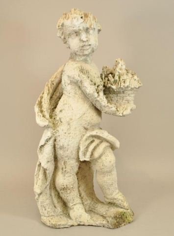 18TH C. CARVED CORAL GARDEN STATUE: 18th Century carved coral garden statue of Putti with flower basket. Condition: as is, loss due to age and erosion from the elements Dimensions: H 30" X L 18" From a Port Chester, NY Estate