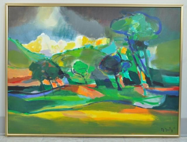 MARCEL MOULY (FRENCH 1918-2008): "Paysage au del Normand Gentilly", abstract landscape Oil on canvas, singed lower right M. Mouly, 1989. & singed on the back of the canvas. In excellent condition. Dimensions: H 40" X W 53"