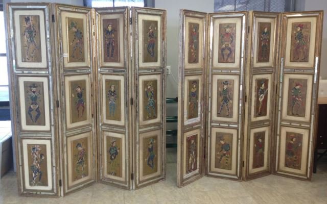 TWO ITALIAN FOLDING SCREENS: Two folding screens with mirror and hand painted design. Condition: as-is in need of restoration Dimensions: Each: H 71" X L 62" each extended