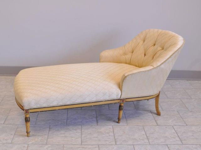 ITALIAN CHAISE LOUNGE W/ PAINT DECORATED LEGS: Italian chaise lounge with painted legs. Dimensions: H 32.5" X L 66" X W 31"