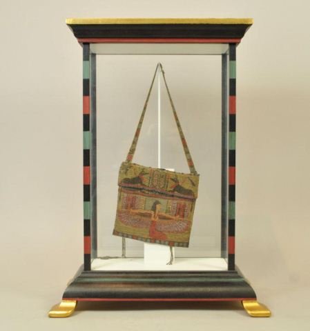 EGYPTIAN REVIVAL BEADED HANDBAG: Egyptian Revival beaded handbag in custom display case. Some damage to beadwork. Dimensions: Bag: 10" H (including strap) X 4.5" W Case: 17.5" H X 11" W X 5.75" D From a Weston, CT collection