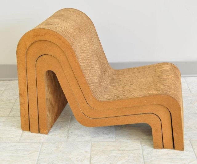 FRANK GEHRY NESTING WIGGLE CHAIRS C.1972: Easy Edges Made from cardboard and masonite by Frank Gehry. C. 1972 Dimensions: 28" X L 40" X W 18"