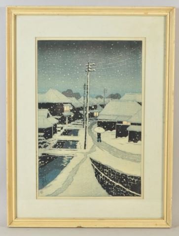 KAWASE HASUI (1883-1957) JAPANESE WOODBLOCK PRINT: (snowy town scene) Color woodblock print, signed & stamped lower left Dimension: frame H 20" x W 15" unframed: 15" X 10.5" Provenance: From a private CT collection.