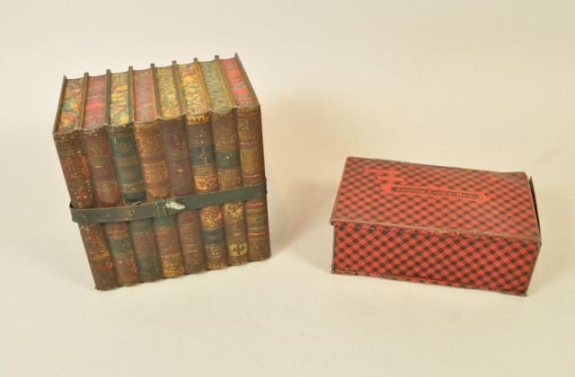 ADVERTISING TIN BISCUIT BOX & FOLDING LUNCH BOX: Two pieces of tin advertising. Moores Folding Lunchbox with red and black litho. In good condition with a few scratches. Opens and closes nicely. Measures: 6.75" X 4" when folded. Huntley & Palmers Bi