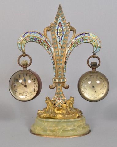 FRENCH BRONZE & CHAMPLEVE HANGING BALL CLOCK: 1920's French bronze and champleve ball clock and barometer with fleur de lis design. Dimensions: H 11" X L 9" X W 4"