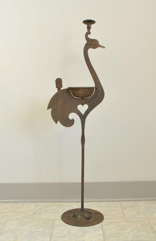WROUGHT IRON OSTRICH SMOKING STAND: German, C. Early 20th Century. Iron constructed, cigar cutter, smoking stand. Dimensions: H 49" X W 12" base