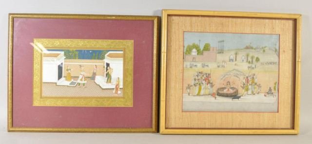 TWO INDIAN MUGHAL MINIATURE PAINTINGS: A mughal blindfolded playing a game with five females. A depiction of a husband & his wife being cremated. Both watercolor, ink on paper Dimension: Frame H 15 14" x 19 1/2" & H 16" x 18 1/2" Unframed:
