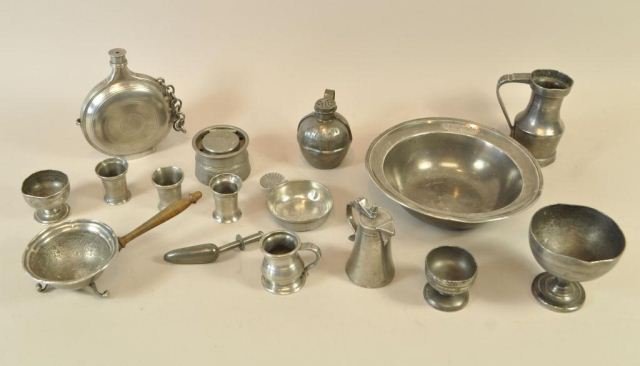 GROUPING OF SMALL PEWTER ITEMS: Grouping of small pewter items including canteen and small cups. Tallest item (canteen) measures: 7" tall From a Weston, CT Collection