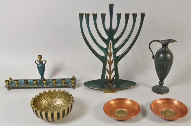 GROUPING OF PAL-BELL ISRAEL BRONZE ITEMS MENORAH: Grouping of 6 pieces of Pal-Bell Israel metal items including a menorah, a lamp, a bowl and two small dishes. In excellent condition. Dimensions: H 11" X L 8" (largest menorah) From a Riverdale/Bronx,