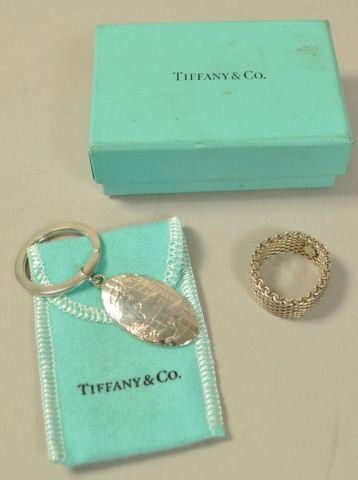 STERLING SILVER TIFFANY & CO MESH RING & KEY CHAIN: Lot of 2 sterling silver Tiffany & Co items consisting of Somerset mesh ring and key chain. Dimensions: Ring size: 11.5 Keychain: 2.75" Total weight: 0.89 ozt From a Port Chester, NY Estate