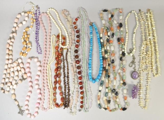 GROUPING OF STONE BEAD NECKLACES: Grouping of stone necklaces including quartz, carnelian, mother of pearl and stones etc. From a Riverdale/Bronx, NY Estate
