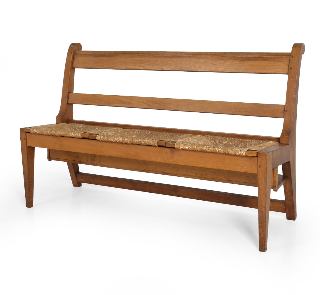 STYLE OF VISSER DUTCH OAK & RUSH BENCH C. 1940S (1 of 15)