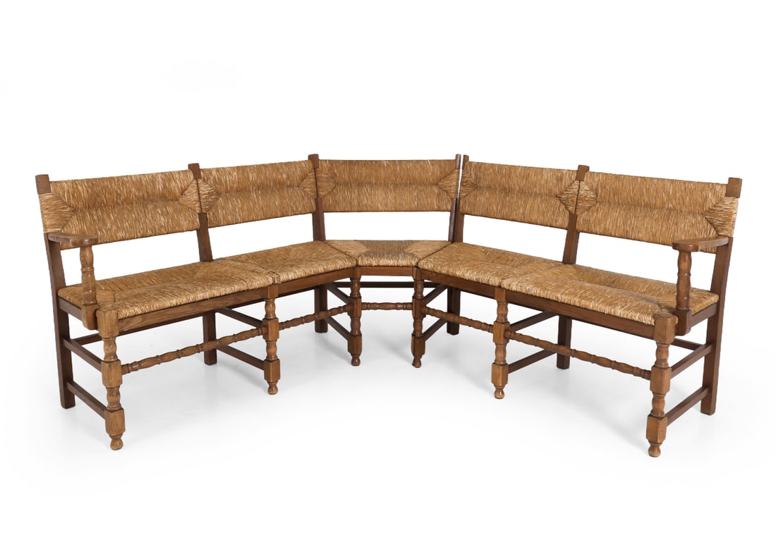 DUTCH OAK & RUSH CORNER BANQUETTE BENCH C. 1940S (1 of 15)