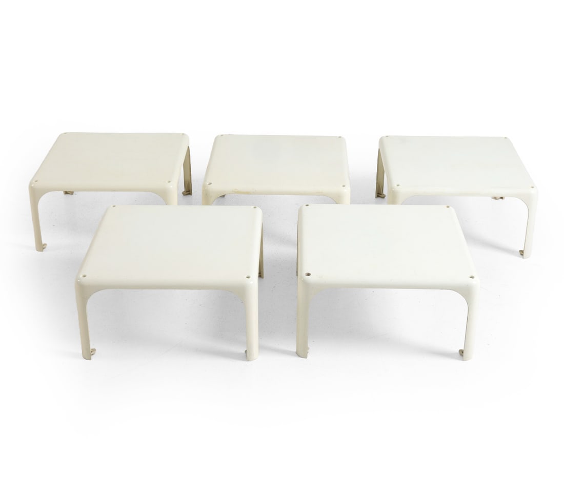 5 VICO MAGISTRETTI FOR ARTEMIDE DEMETRIO 45 TABLES: (5) total. Marked underneath tops. Italy, circa 1970s. Dimensions: H 9" x W 17" x D 17". Condition: Scuffs, scratches, and rubs. Wear consistent with age and use. PT208