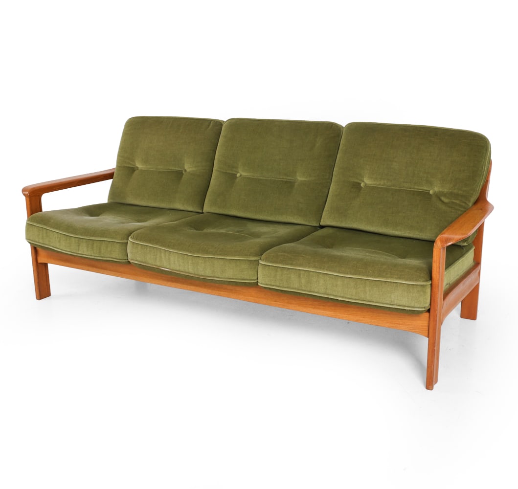 OHLSSON STYLE SWEDISH TEAK & VELOUR SOFA C. 1960S: Dimensions: H 28" x W 81" x D 33" x SH 15". Condition: Scuffs and rubs to wood. Tear to one cushion. Wear consistent with age and use. PT007