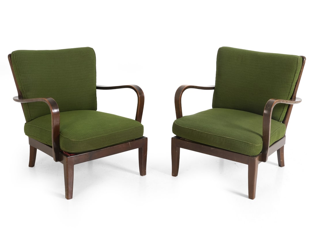 PAIR KNOLL ANTIMOTT GERMAN LOUNGE CHAIRS 1950S: Stained beech frame. Marked underneath. Germany, circa 1950s. Dimensions: H 34" x W 25.5" x D 25.5" x SH 14.5". Condition: Scratches, rubs, and dings to frames. Water spots. Wear consistent with age