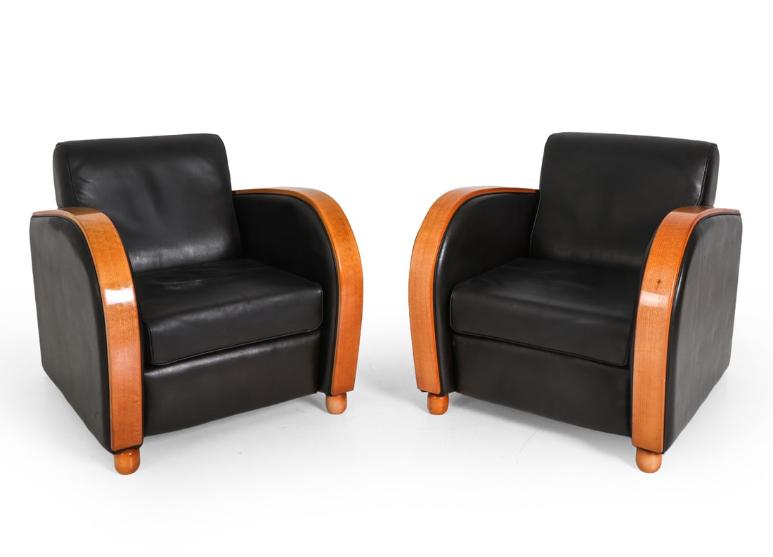 PAIR OF DECO STYLE DUTCH LEATHER LOUNGE CHAIRS: Dutch Seating Company (DSCO) marked underneath. Netherlands, 21st century. Dimensions: H 32" x W 30" x D 36" S.H. 17" Condition: Scuffs and scratches. Fading. Wear consistent with age and use, includi