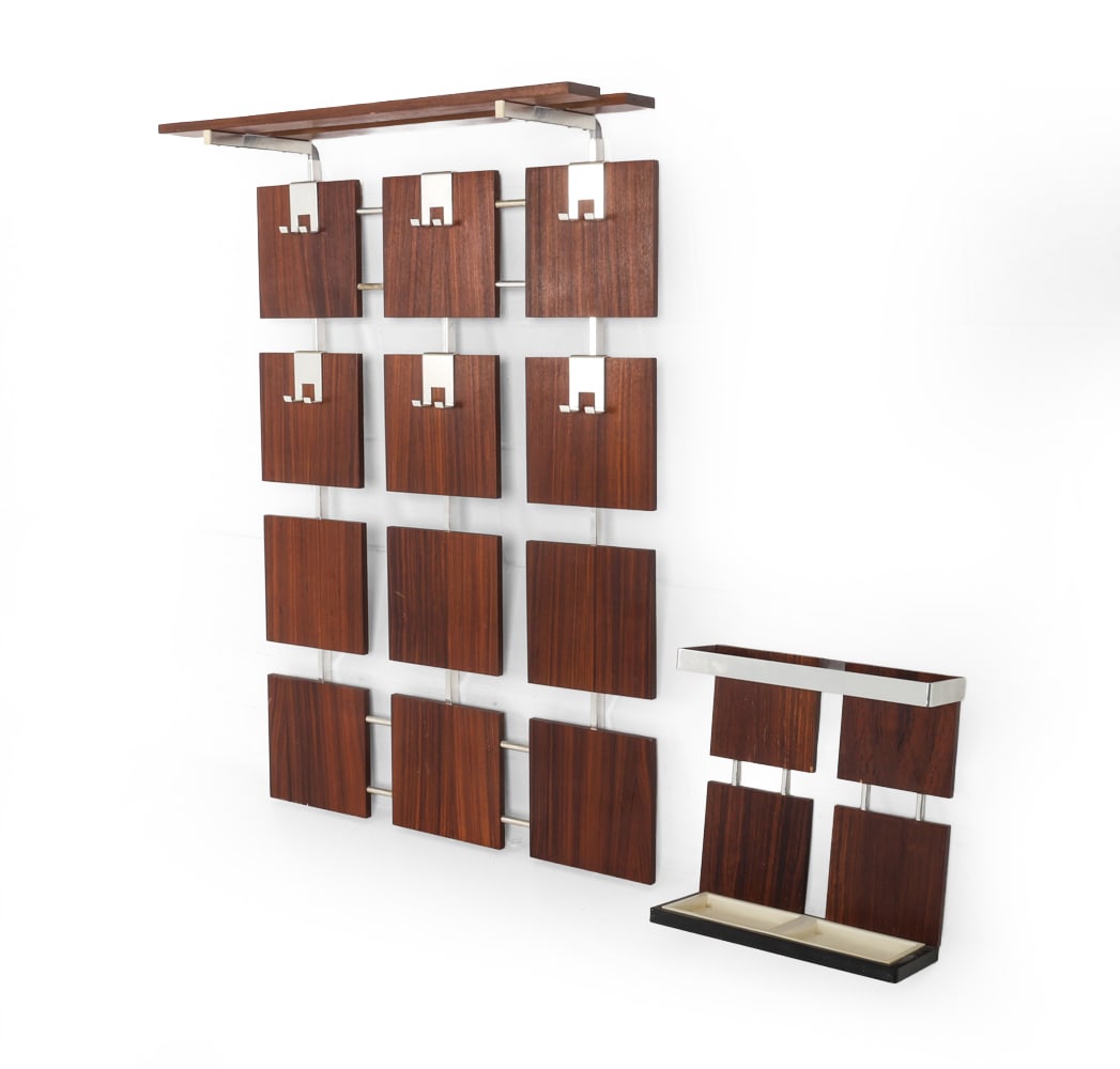 SPACE AGE STYLE ROSEWOOD VENEER COAT RACK & SHELF: Circa 1960s Dimensions: Large Section H 46.5" x W 30" x D 9". Condition: Scratches, scuffs, and rubs to wood and metal. Wear consistent with age and use. PT056